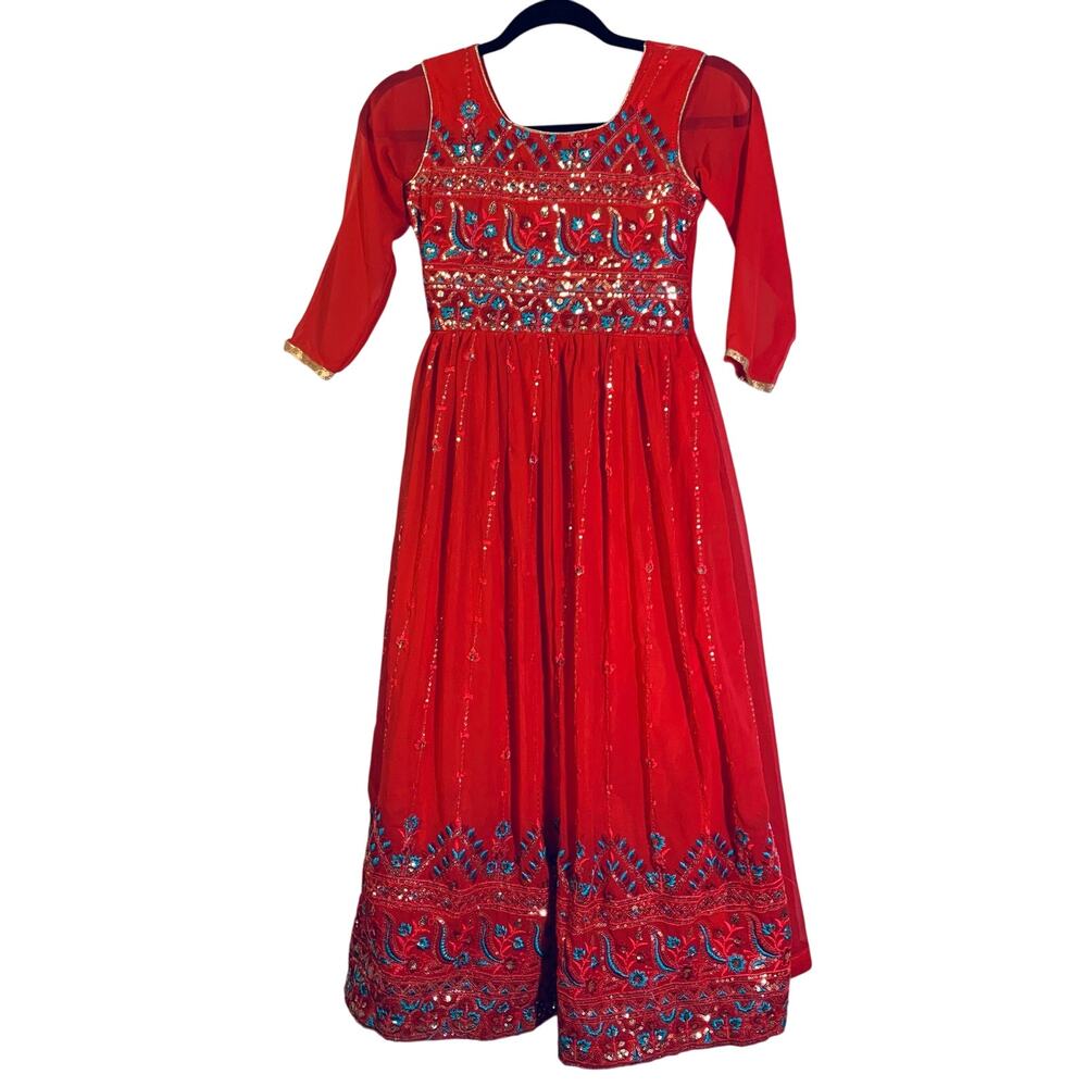 CHADHA Fancy Girls Dress Embellished Bust Anarkali‎ Sequin Hem Sheer Sleeve
